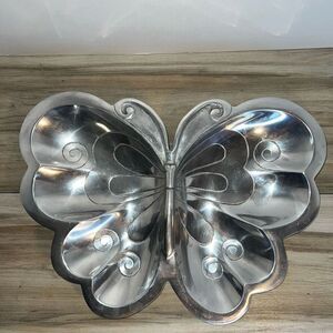 IHI Butterfly Pewter Divided Serving Tray Chips Bowl Silver Tone Etched Fairy